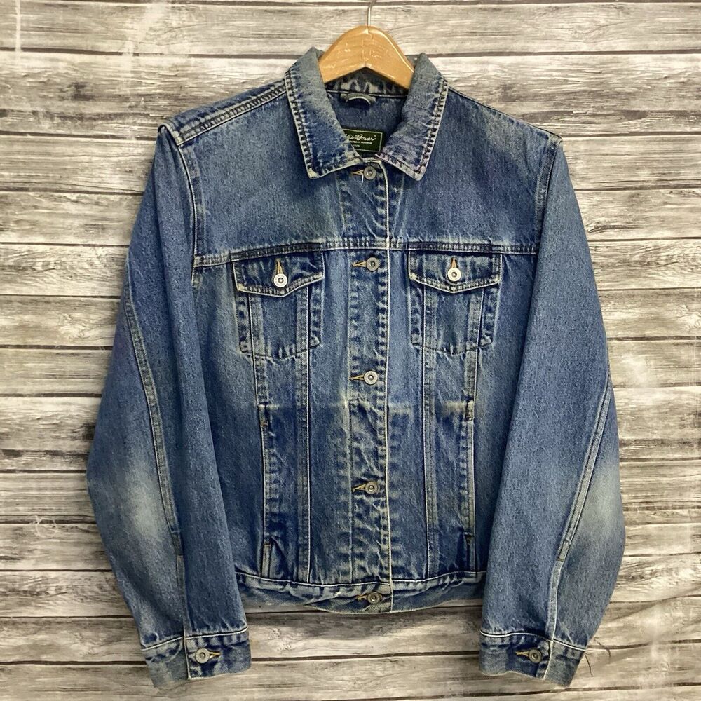 Eddie Bauer Denim Jacket Women Tall XL Blue Medium Wash Trucker Outdoor Workwear